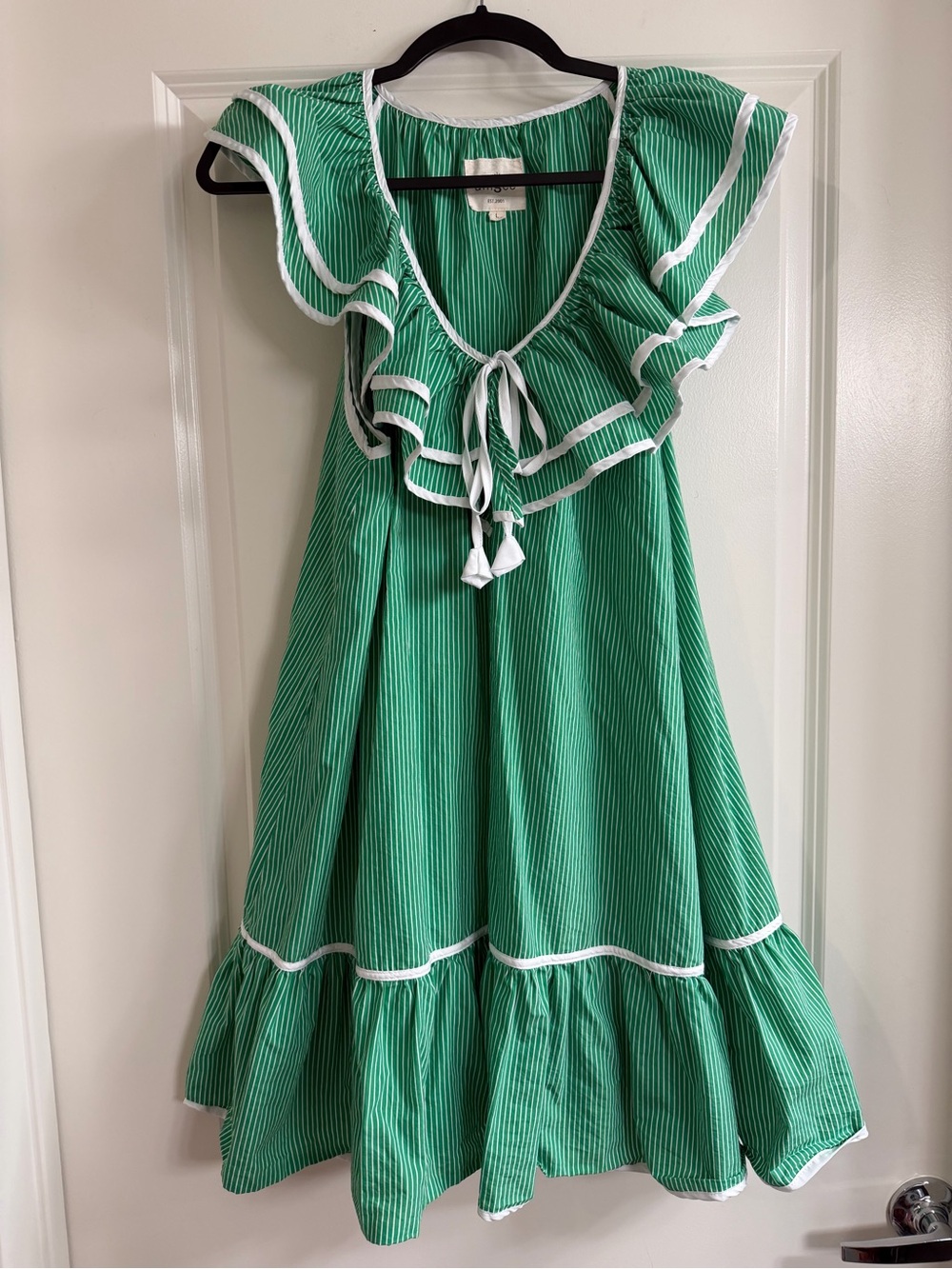Umgee Green Ruffle Tie-Front Casual Dress with White Trim